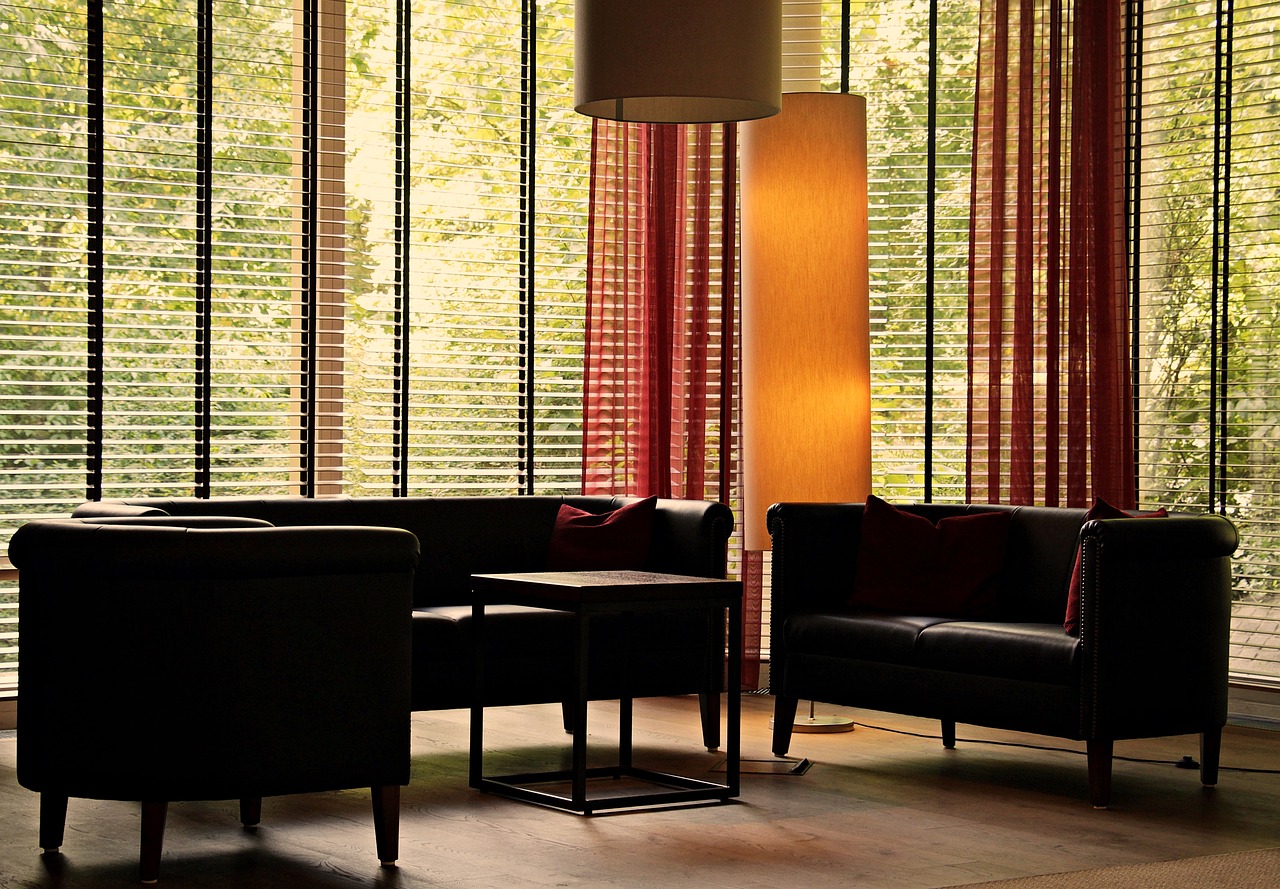 lobby, lounge, seating, lamps, impression, window, venetian blinds, trees, the atmosphere, modern, relaxation, nature, resting, to sit, seating furniture, dim light, incidence of light, interior design