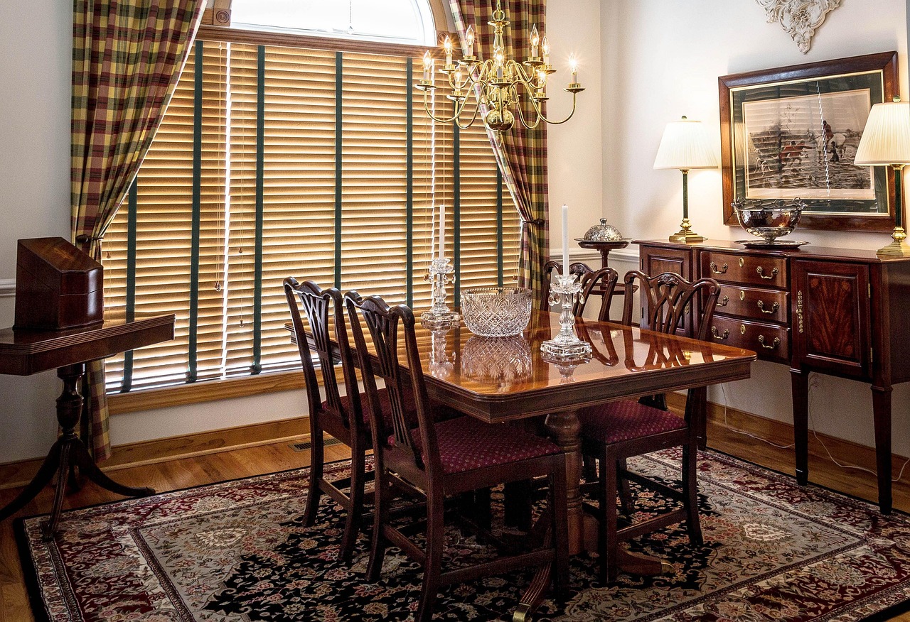 dining room, table, chairs, sideboard, buffet, window, blinds, rug, carpet, brown window, brown room, brown table, dining room, dining room, dining room, dining room, dining room, blinds