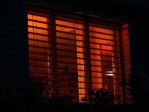 red light, window, dusk, venetian blinds, venetian blinds, venetian blinds, venetian blinds, venetian blinds, venetian blinds